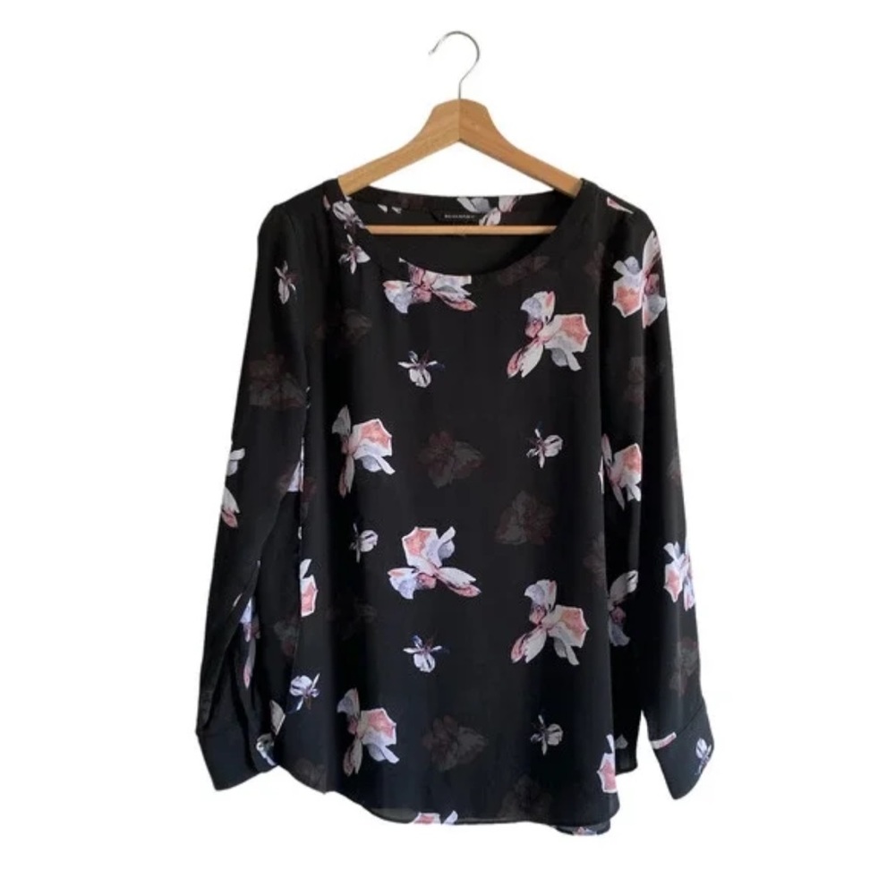 Banana Republic Petite XS black long sleeve floral blouse